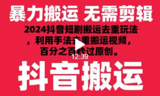 2024最新抖音搬运技术，抖音短剧视频去重，手法搬运，利用工具去重，达到秒过原创的效果【揭秘】