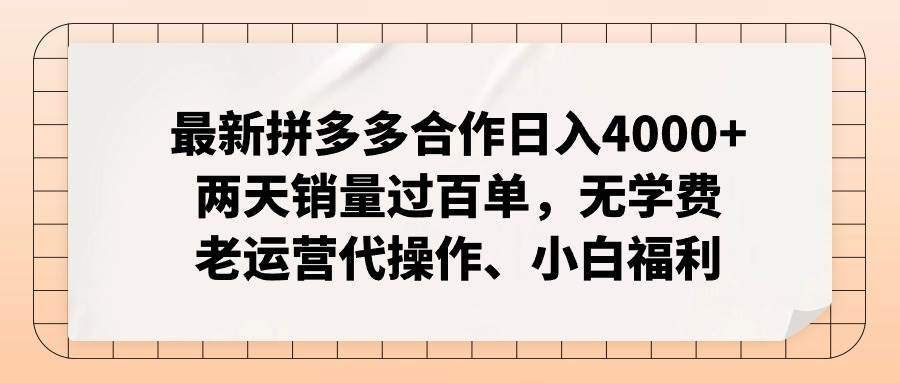 （11343期）最新拼多多合作日入4000+两天销量过百单，无学费、老运营代操作、小白福利